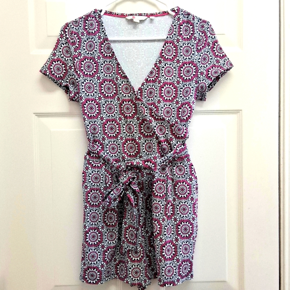 Boden Caroline Jersey Romper 6P Pink Faux Wrap Boho Pocket Modal Geometric Print